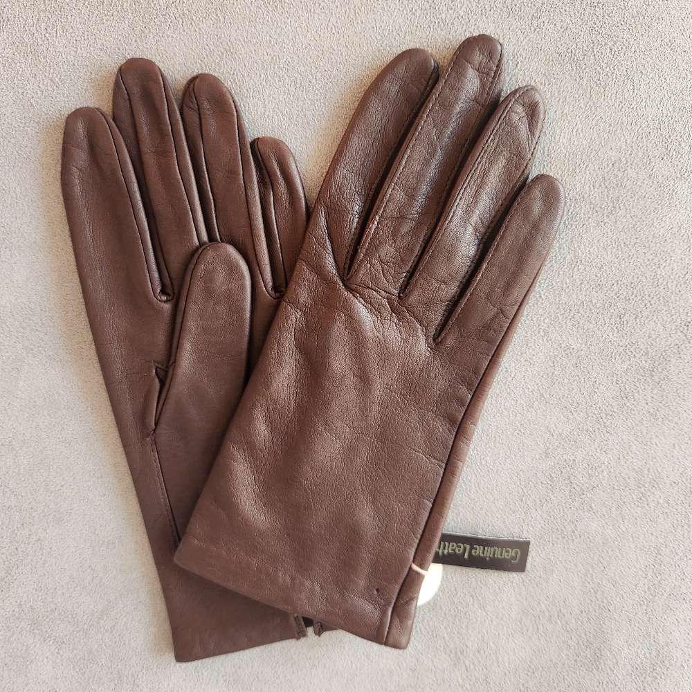 Brown gloves women's 7 french leather short silk blend lining formal new $100